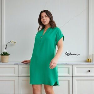 Reitmans, Short-Sleeve Loose Dress with Split Neckline, XL, Green